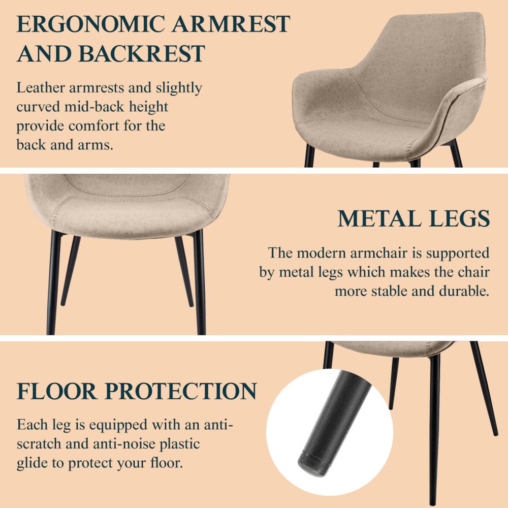 Markley Modern Leather Dining Arm Chair in Taupe