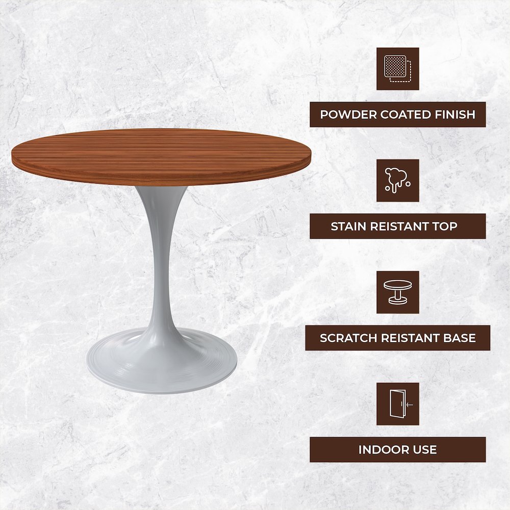 Verve Collection 36 Round Dining Table, White Base with Cognac Brown MDF Top