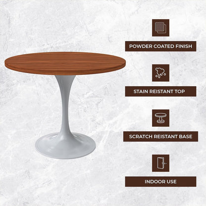 Verve Collection 36 Round Dining Table, White Base with Cognac Brown MDF Top