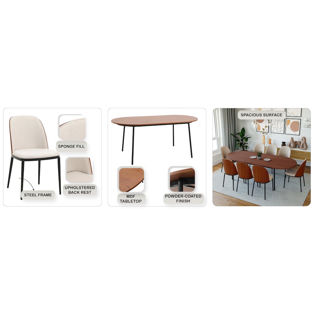 Tule 9-Piece Dining Set in Steel Frame with 8 Upholstered Seat Dining Table