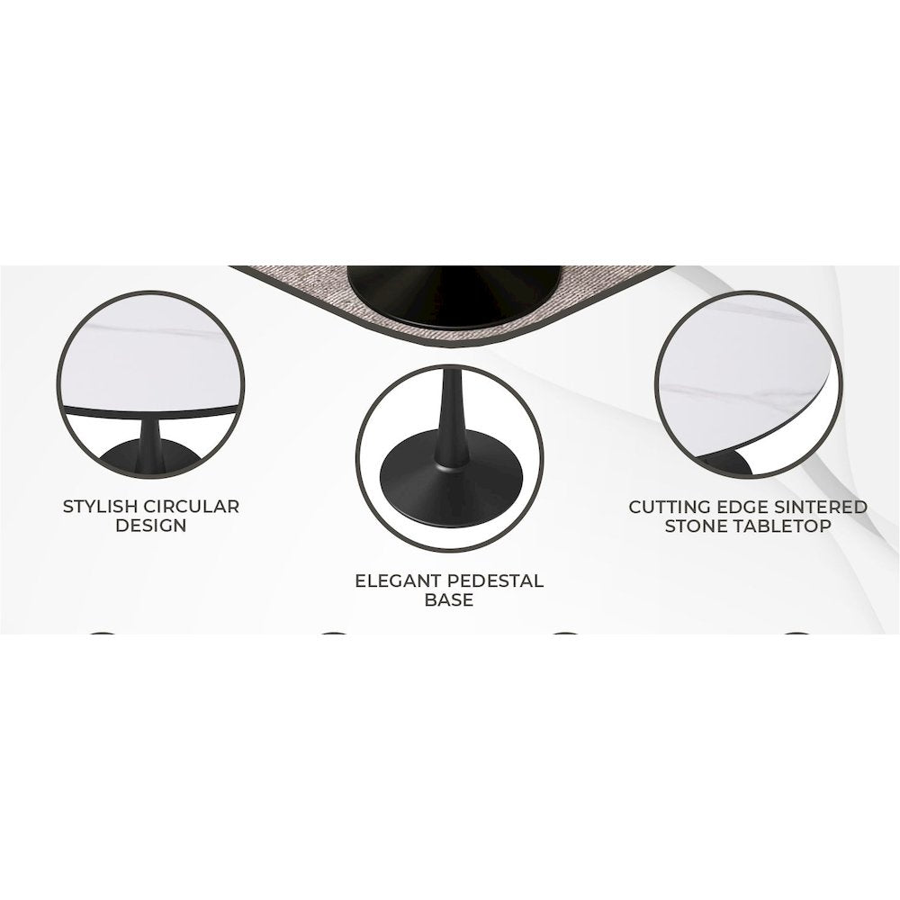 Bristol 35" round dining table Black base with White Sintered stone Top