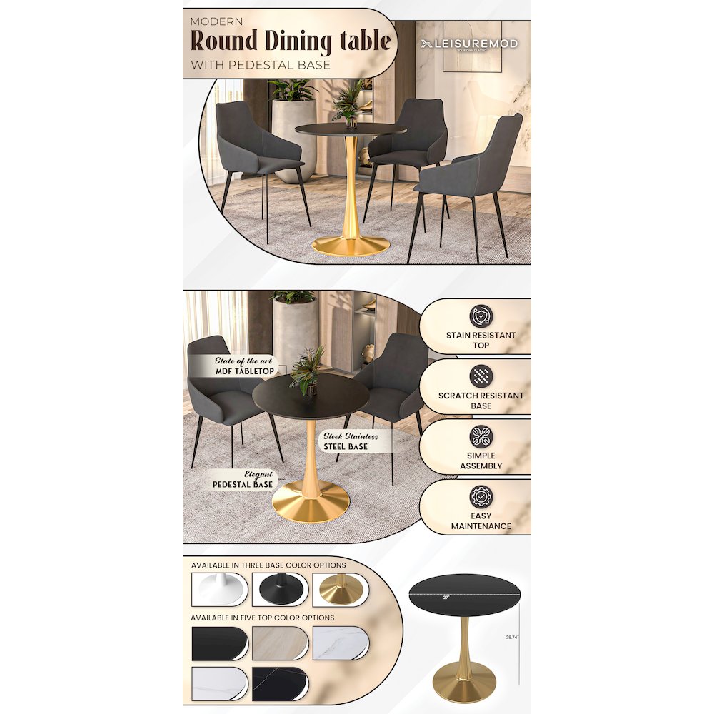 Bristol 27" round dining table Gold Base With Black Top