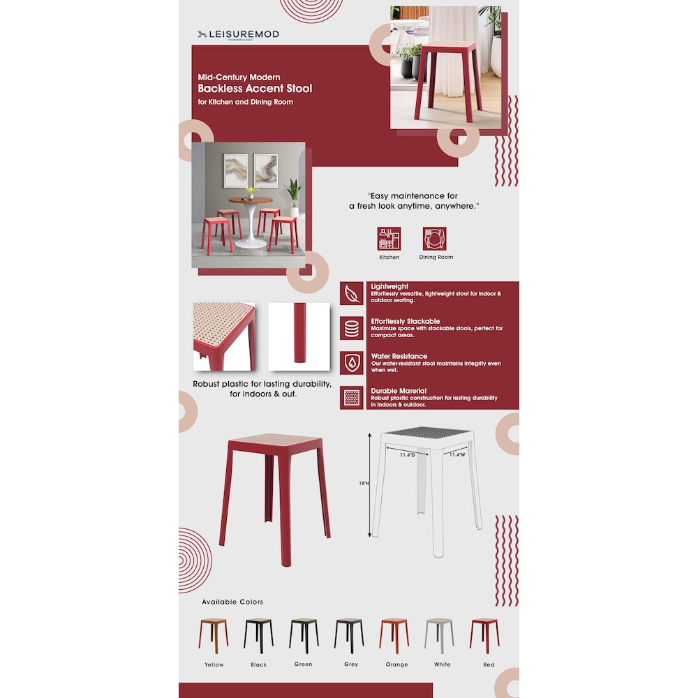 Tresse Series Stackable Poly Stool With Wicker Top 12 in Red