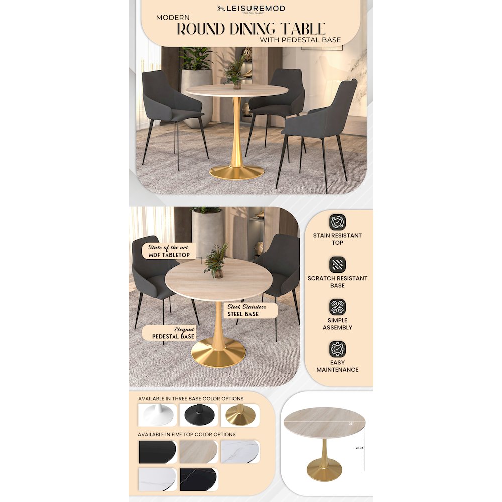 Bristol 35" round dining table Gold Base With Natural Wood Top