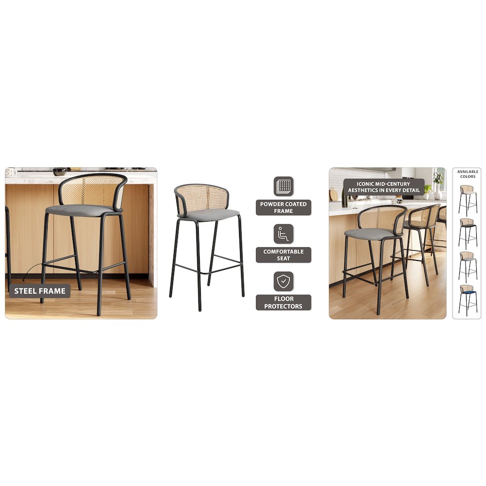 Ervilla Mid-Century Modern Wicker Bar Stool in Grey