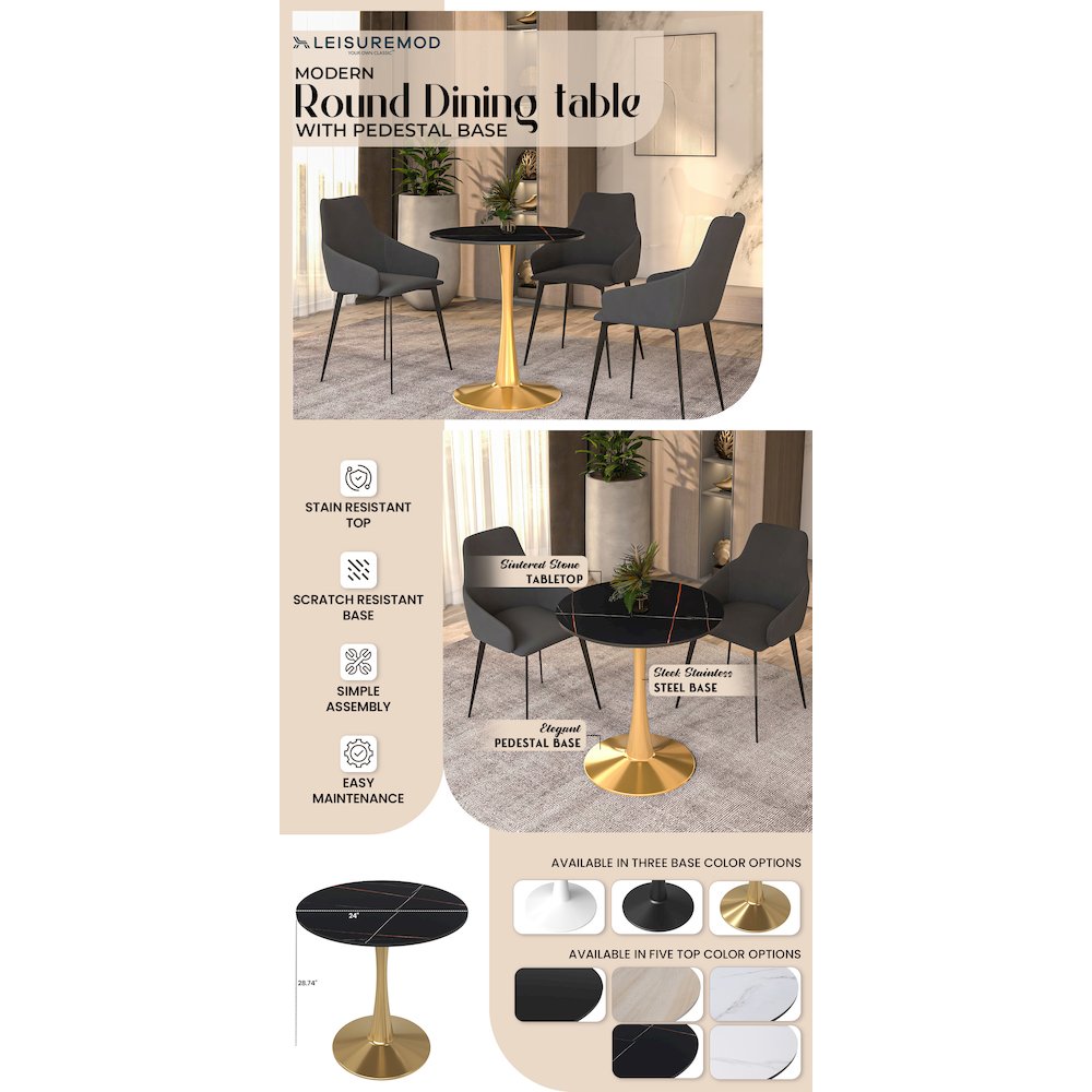 Bristol 24 round dining table Gold base with Black Sintered stone Top