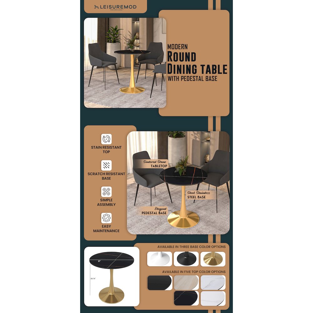 Bristol 27 round dining table Gold base with Black Sintered stone Top