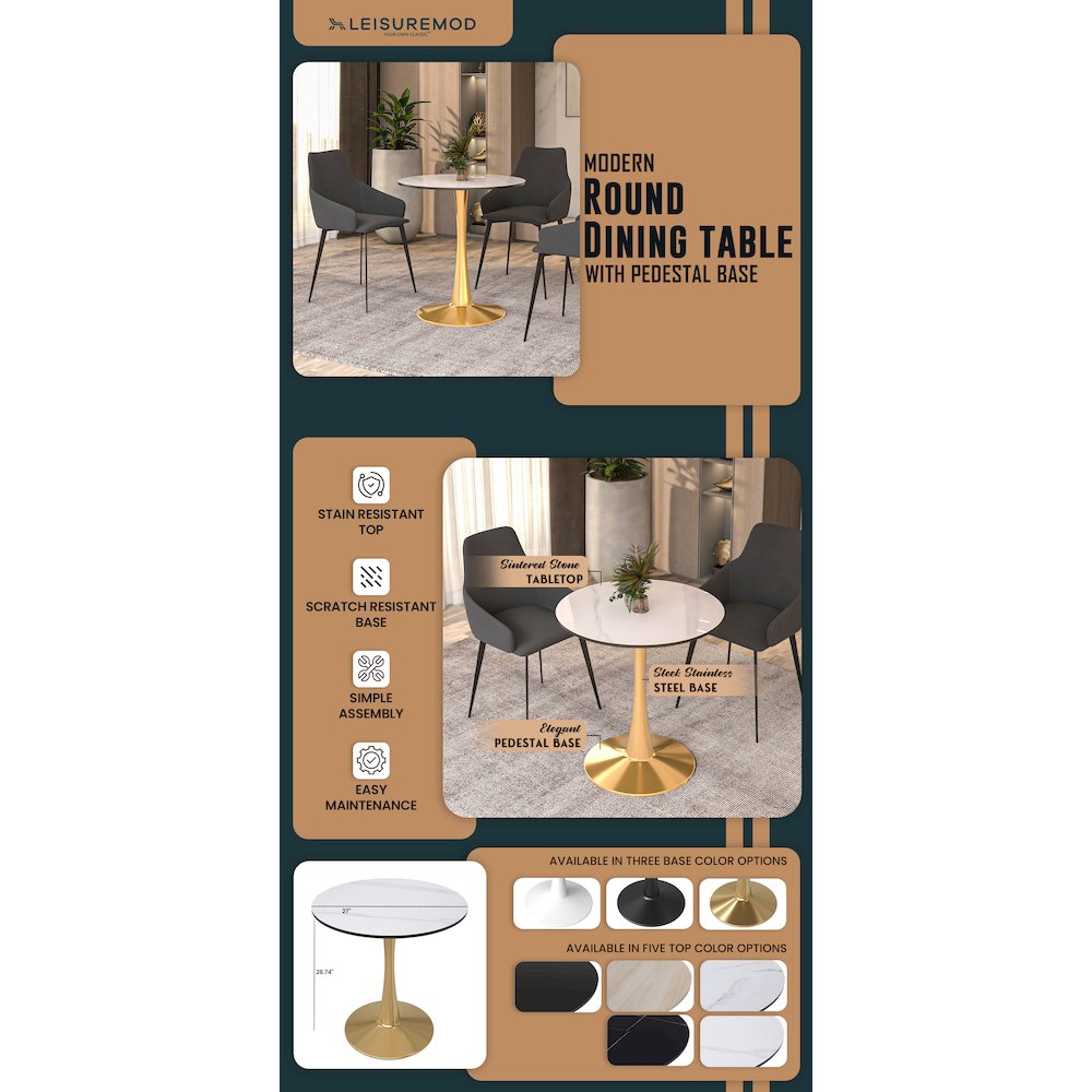 Bristol 27 round dining table Gold base with White Sintered stone Top