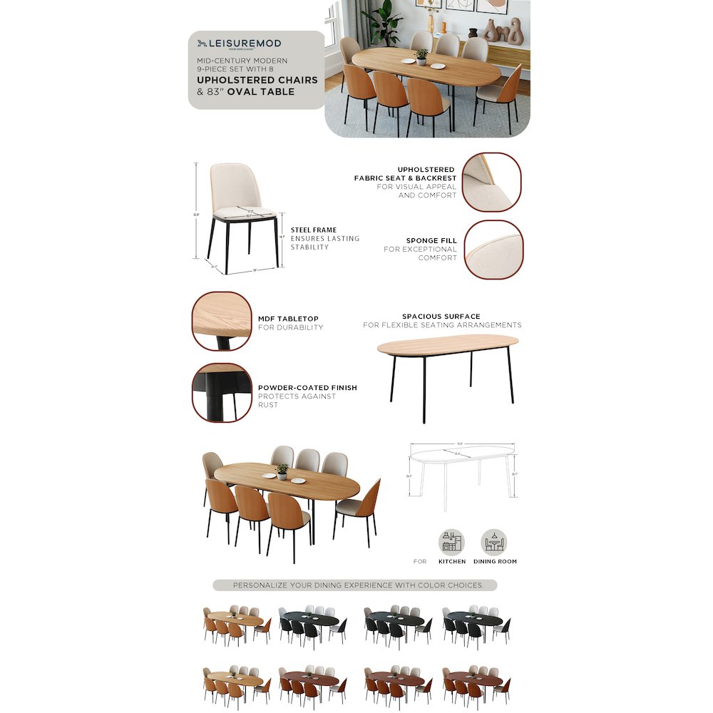Tule 9-Piece Dining Set in Steel Frame with 8 Upholstered Seat Dining Table