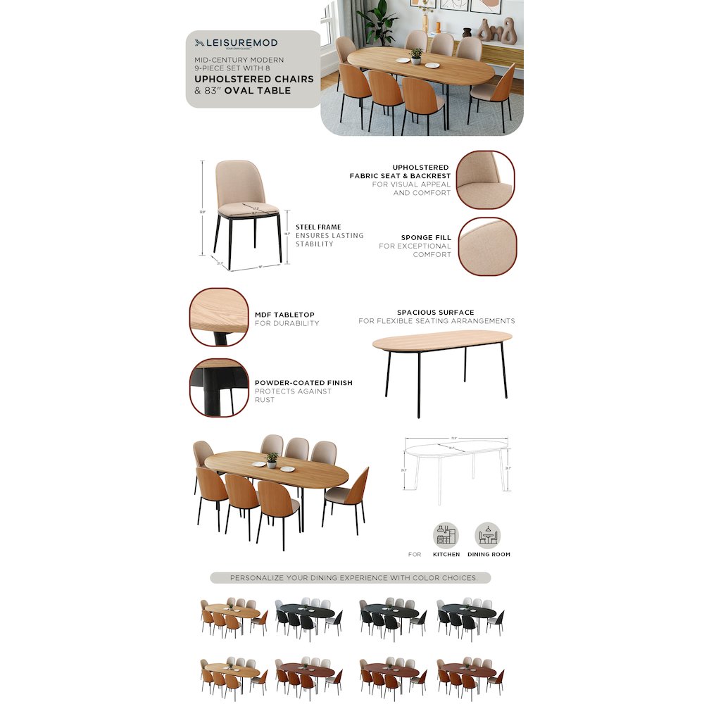 Tule 9-Piece Dining Set in Steel Frame with 8 Upholstered Seat Dining Table
