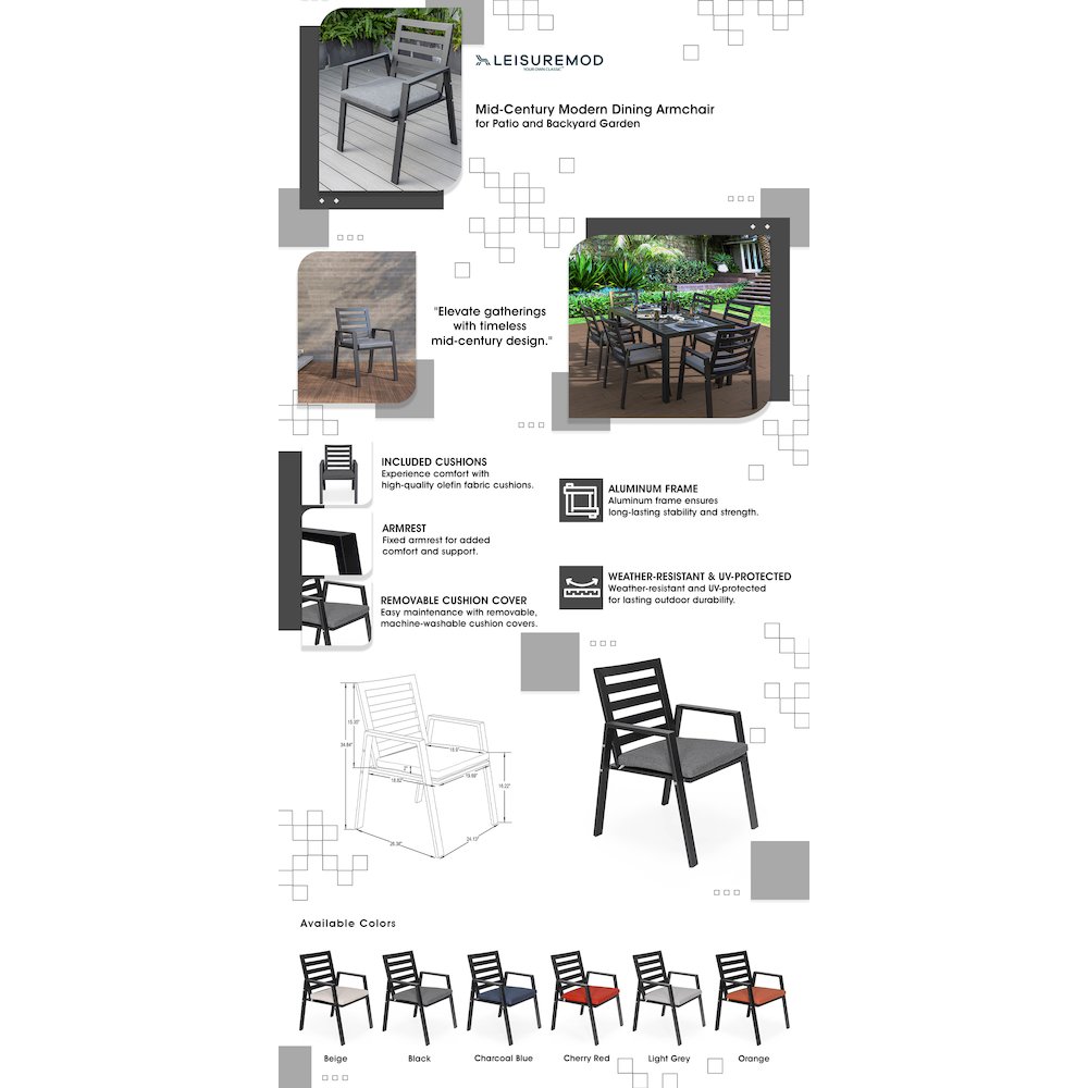 Chelsea Modern Patio Dining Armchair in Aluminum with Removable Cushions