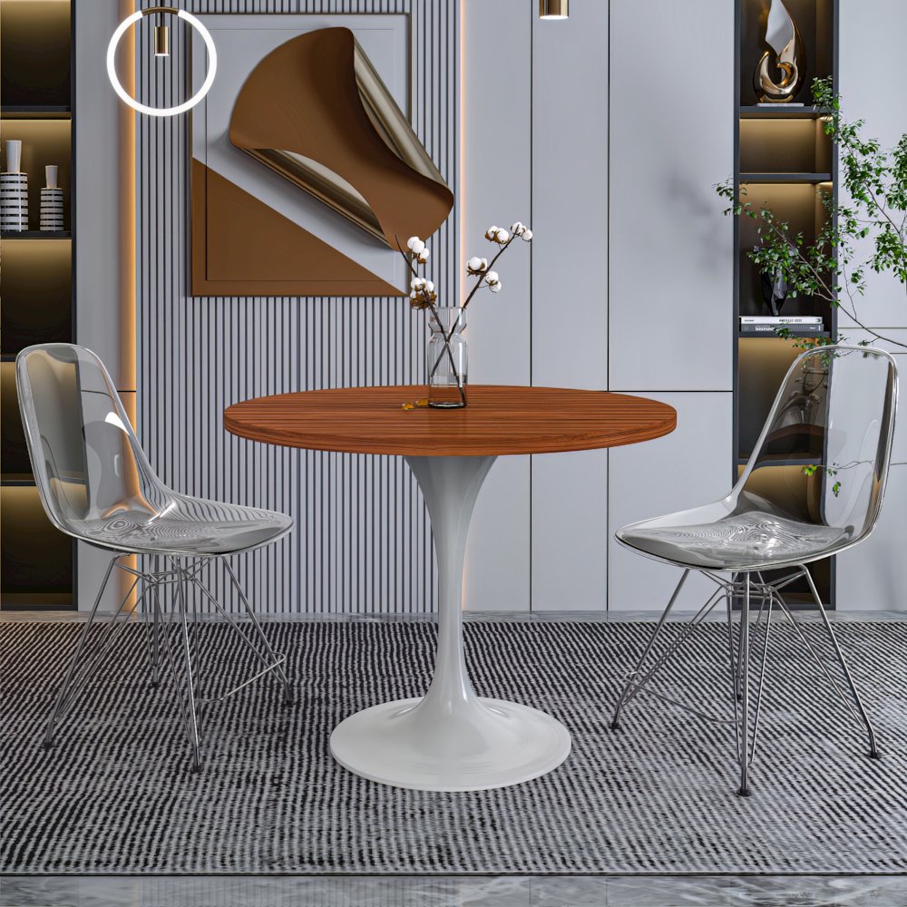 Verve Collection 36 Round Dining Table, White Base with Cognac Brown MDF Top