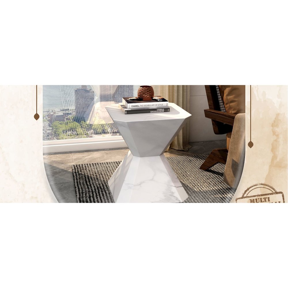 Azure Collection Fiberglass Outdoor Side Table in Marble White
