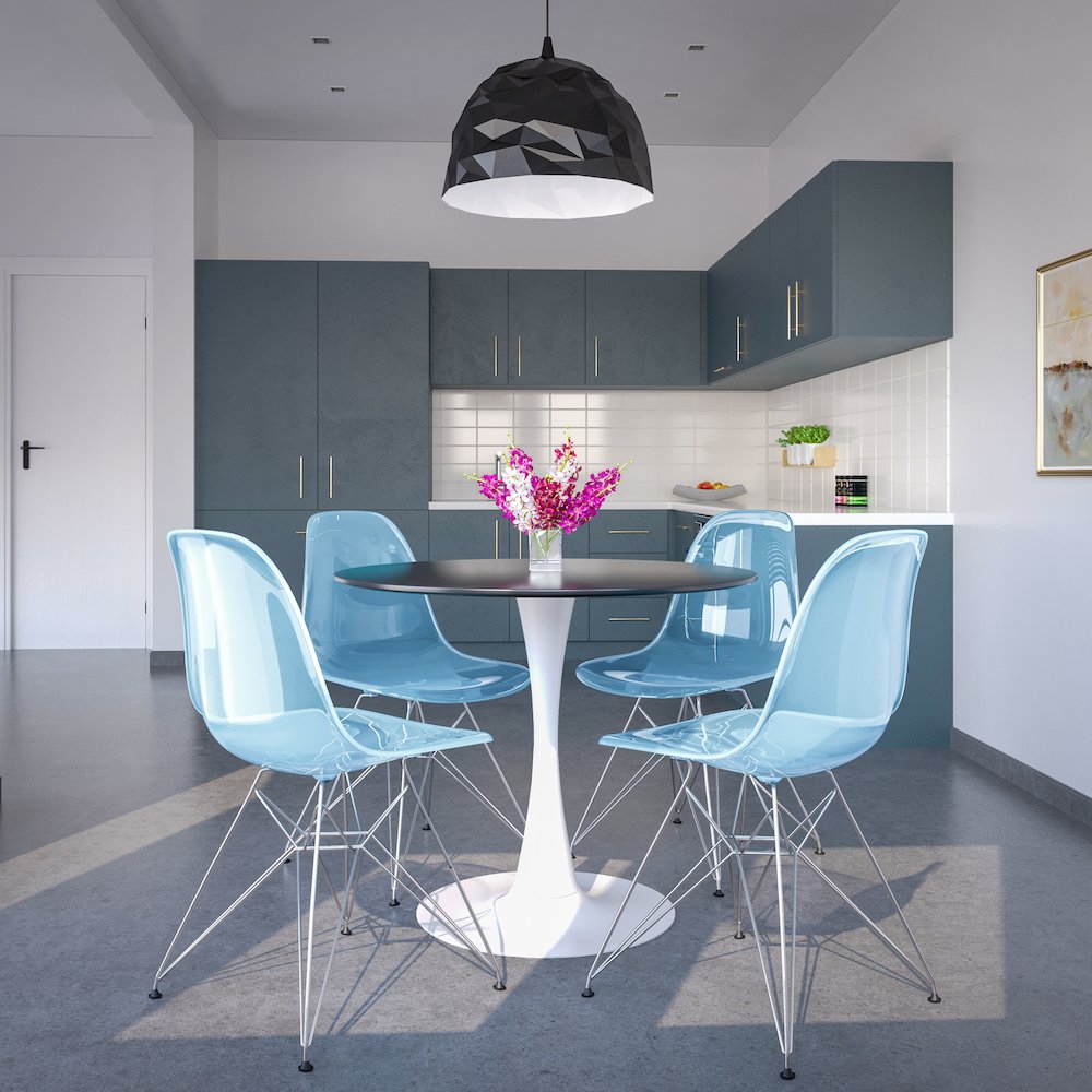 5-Piece Dining Set 35" Round Dining Table in Chrome - Transparent Blue