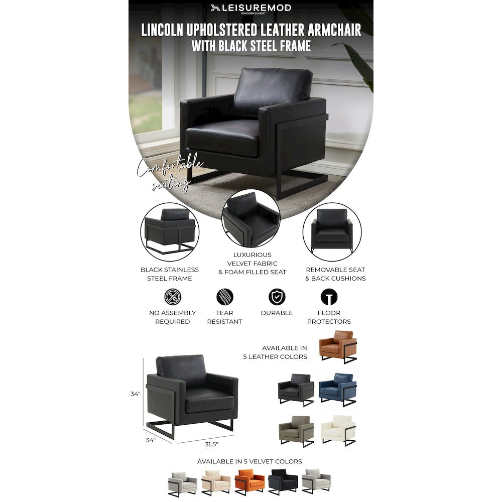Lincoln Leather Accent Armchair With Black Steel Frame in Black