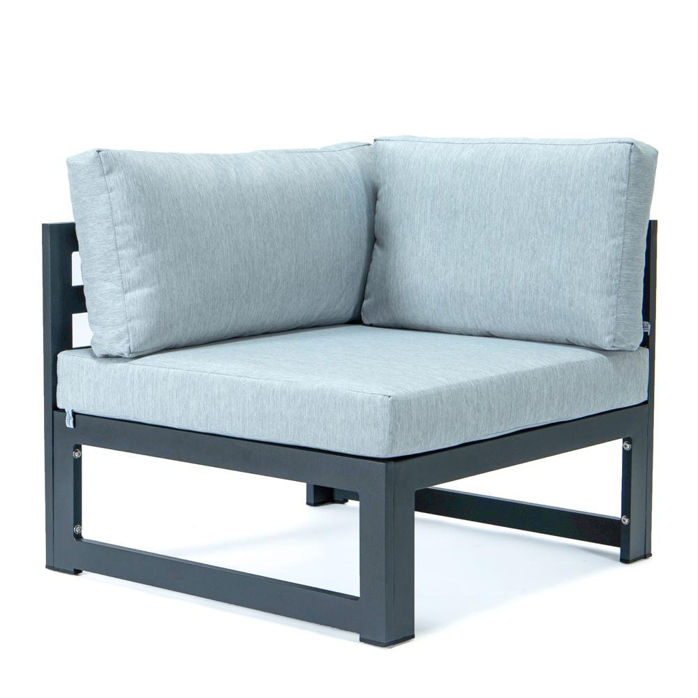 LeisureMod Chelsea 5-Piece Sectional Loveseat and Fireplace Set Black Aluminum with Cushions, Light Grey