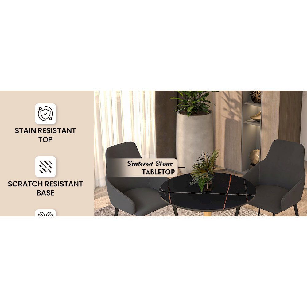 Bristol 24 round dining table Gold base with Black Sintered stone Top