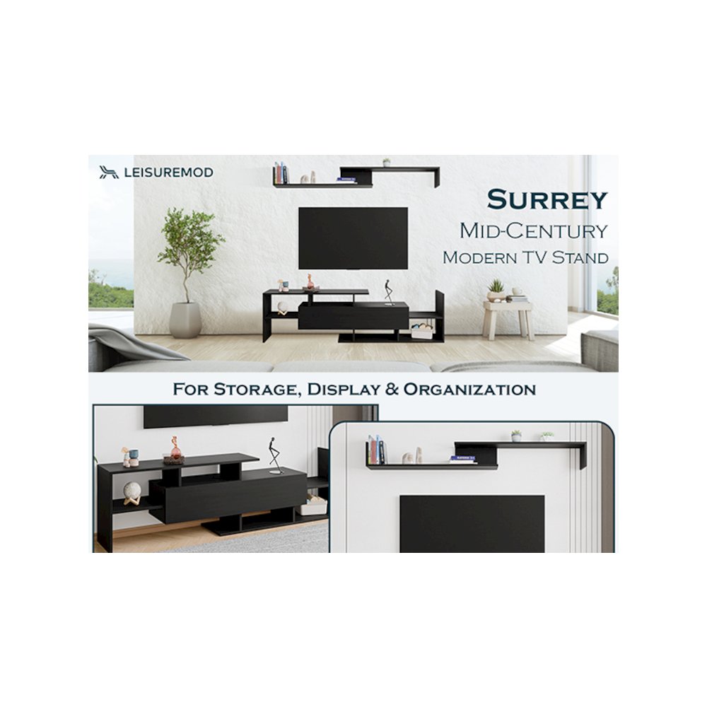 Surrey Modern TV Stand with MDF Shelves and Bookcase in Ebony