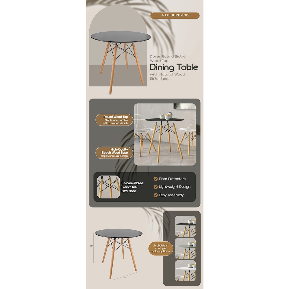 Dover Round Bistro Wood Top Dining Table W/ Natural Wood Eiffel Base