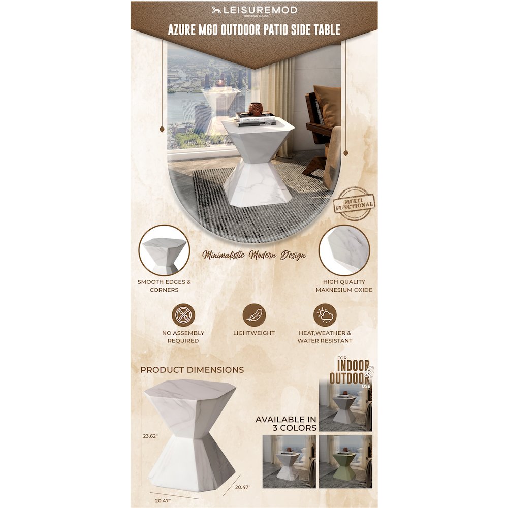 Azure Collection Fiberglass Outdoor Side Table in Marble White