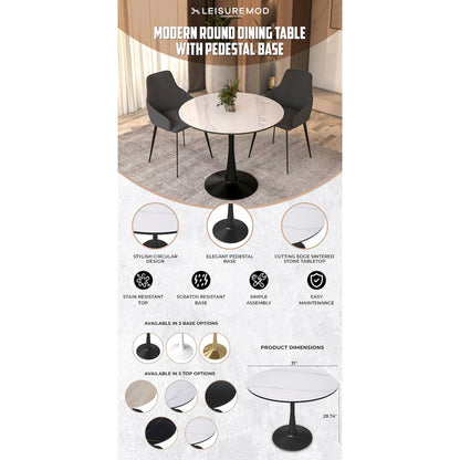 Bristol 31" round dining table Black base with White Sintered stone Top