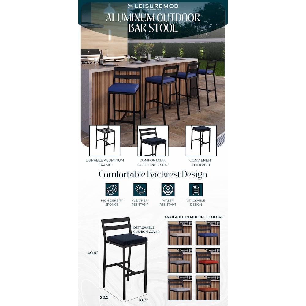 Chelsea Collection Modern Aluminum Outdoor Bar Chair in black with Blue Cushions