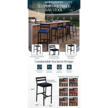 Chelsea Collection Modern Aluminum Outdoor Bar Chair in black with Blue Cushions