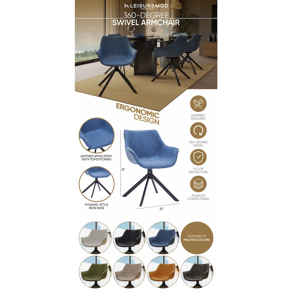 Markley Modern Leather Dining Swival Arm Chair in Light Blue