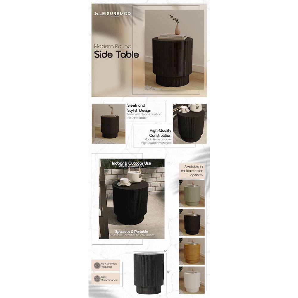 Eden Collection Fiberglass Outdoor Side Table in Black