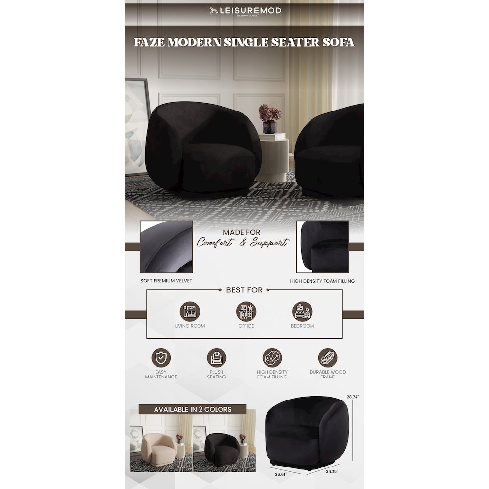 Faze Collection Modern Single Seater Sofa in Black Velvet