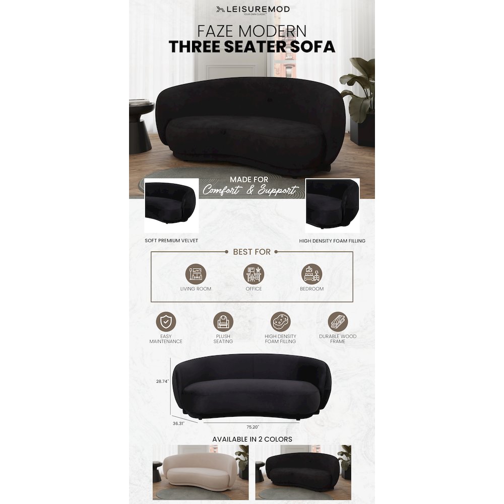 Faze 3-Seater Wide Couch Sofa Upholstered in Velvet