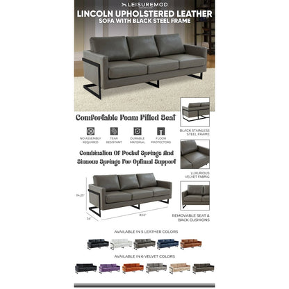 Lincoln Grey Leather Sofa With Black Frame