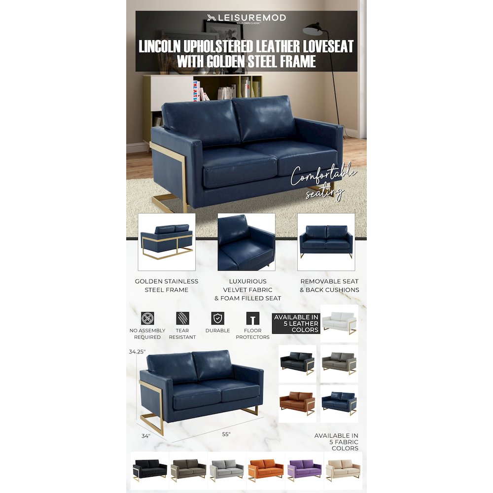 Lincoln Modern Mid-Century Upholstered Leather Loveseat with Gold Frame