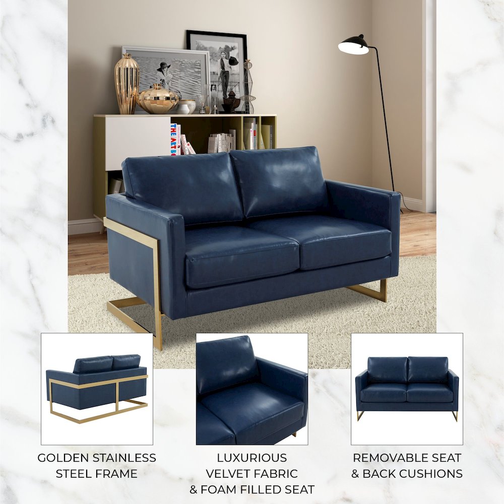 Lincoln Modern Mid-Century Upholstered Leather Loveseat with Gold Frame
