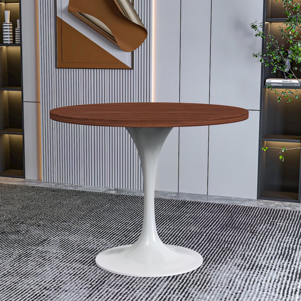 Verve Collection 36 Round Dining Table, White Base with Cognac Brown MDF Top