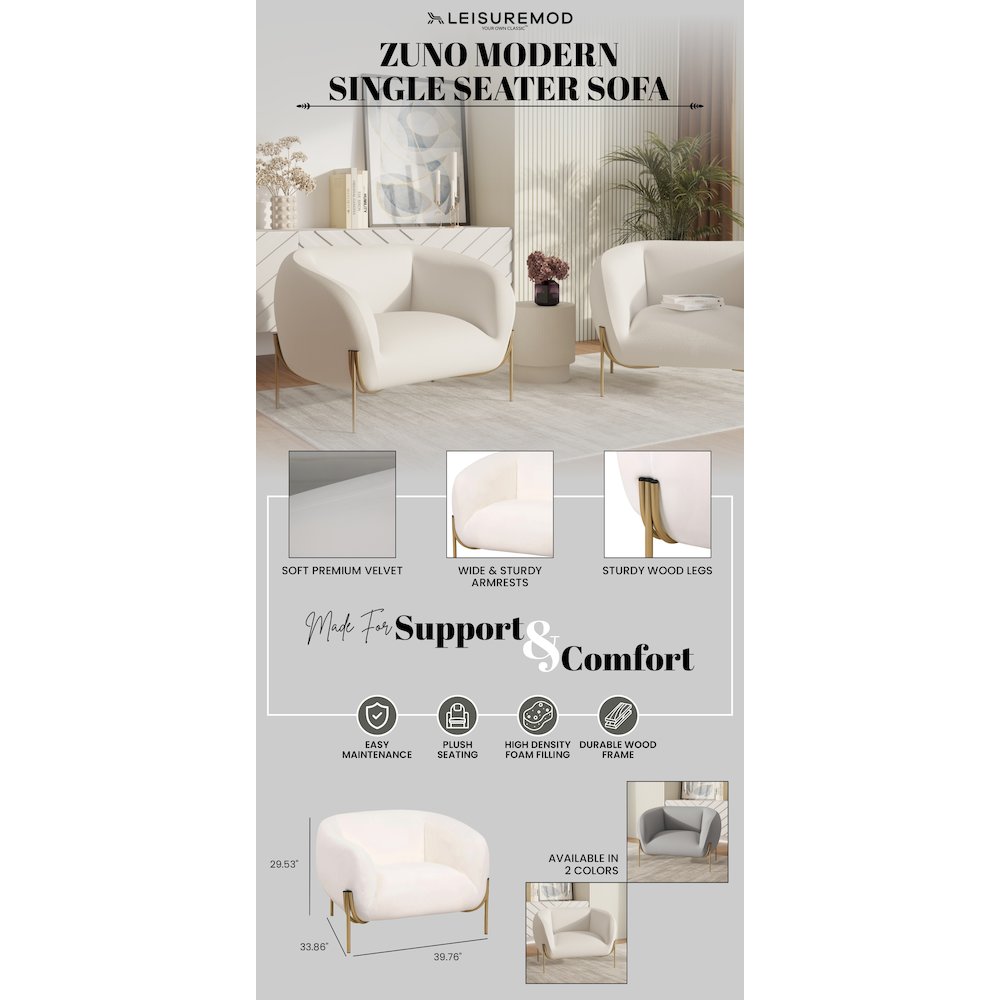 Zuno Collection Modern Single Seater Sofa in White Velvet