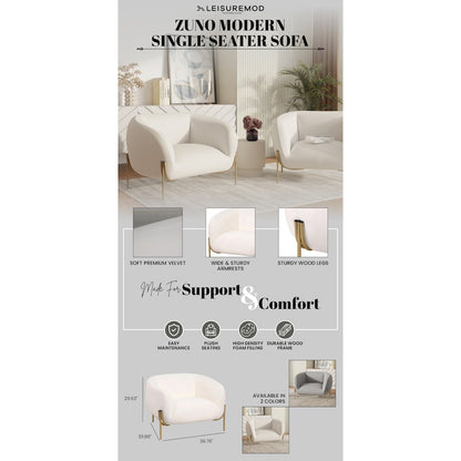 Zuno Collection Modern Single Seater Sofa in White Velvet