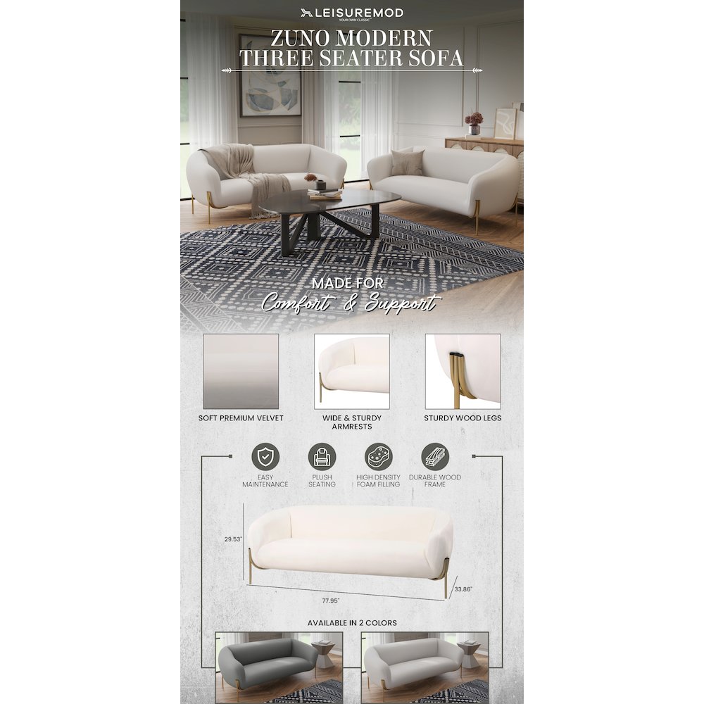 Zuno Three-Seater Sofa Upholstered in Velvet Wide Couch