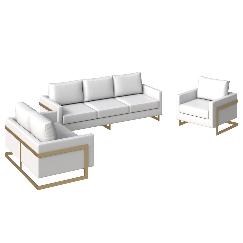 Lincoln 3-Piece Velvet Living Room Sofa Set With Gold Frame White