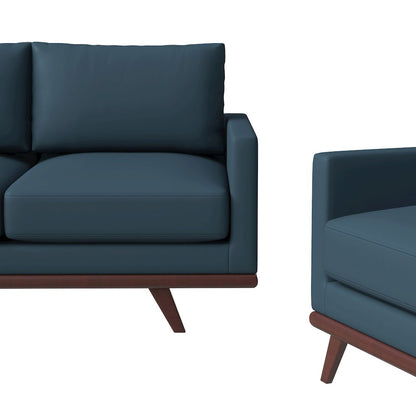Chester 3-Piece Leather Living Room Sofa Set with Birch Wood Base Navy Blue