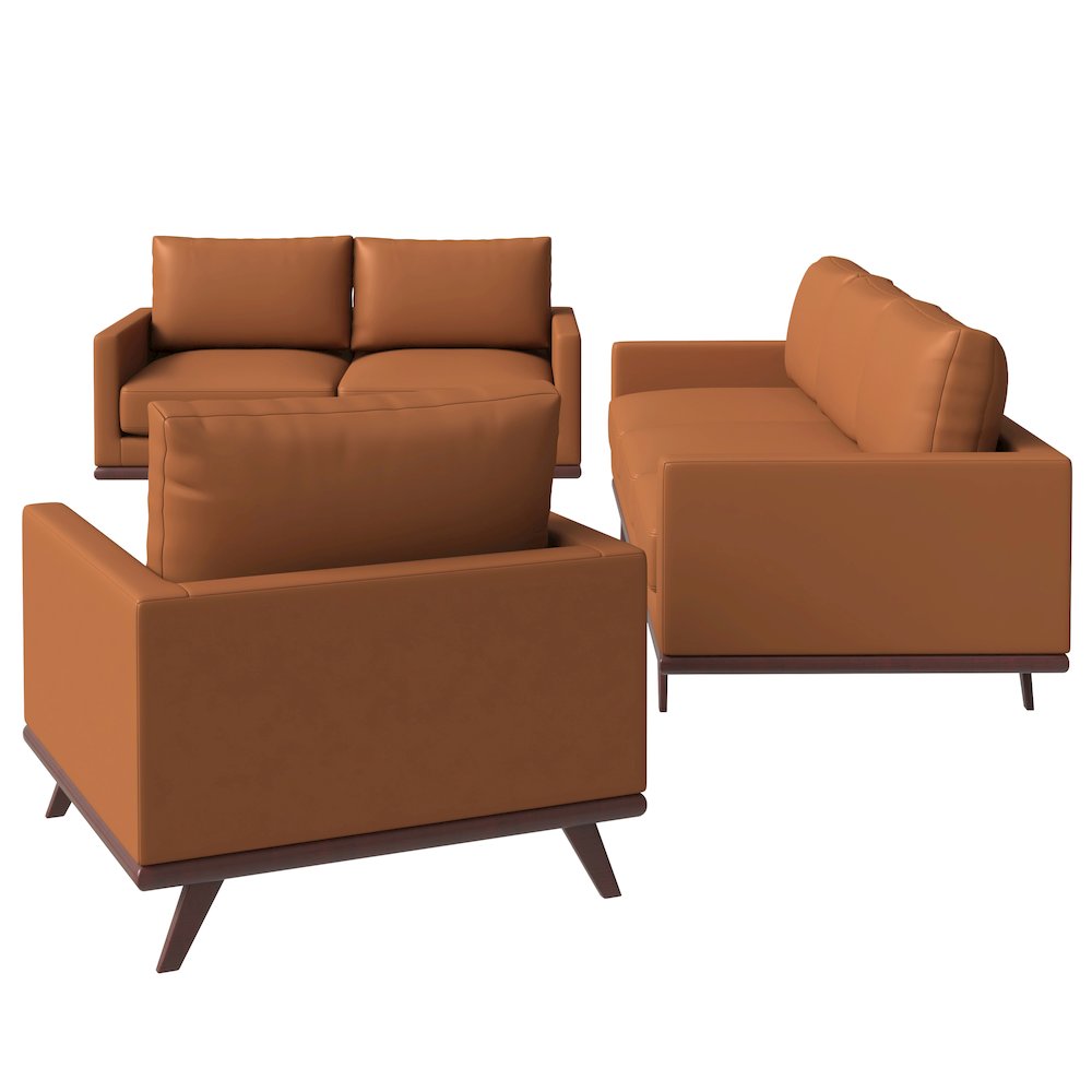 Chester 3-Piece Leather Living Room Sofa Set with Birch Wood Base Cognac Tan