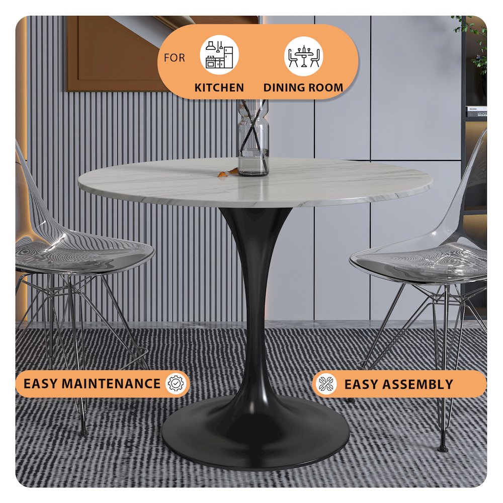 Verve Collection 36 Round Dining Table, Black Base with Sintered Stone White Top