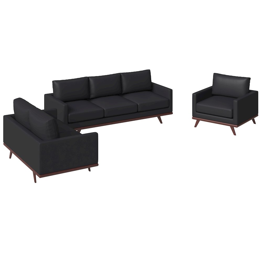 Chester 3-Piece Leather Living Room Sofa Set with Birch Wood Base Black