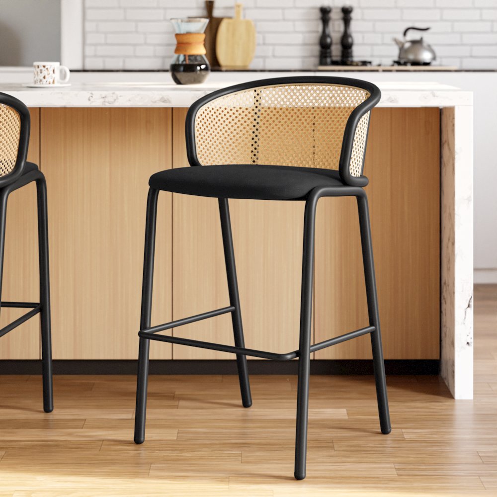 Ervilla Mid-Century Modern Wicker Bar Stool in Black