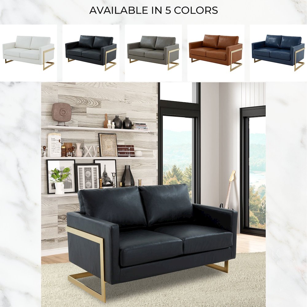 Lincoln Modern Mid-Century Upholstered Leather Loveseat with Gold Frame