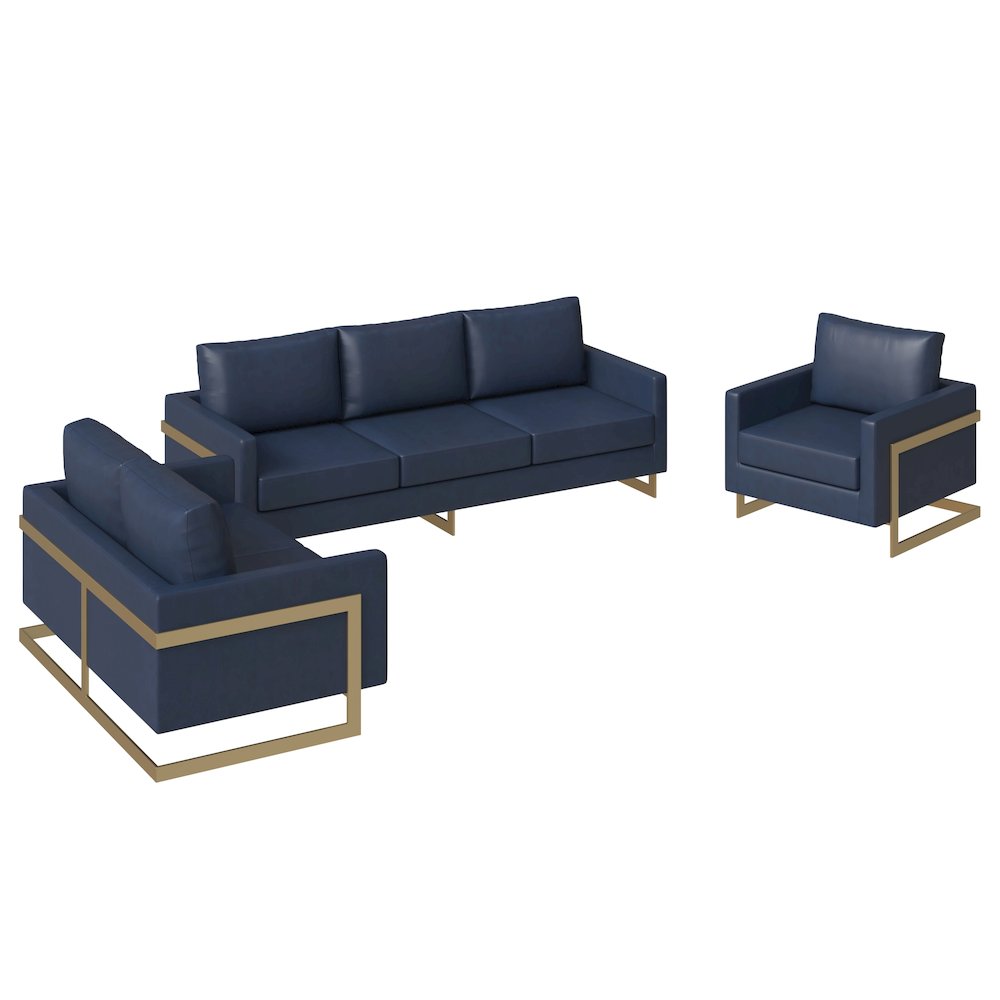 Lincoln 3-Piece Velvet Living Room Sofa Set With Gold Frame Navy Blue