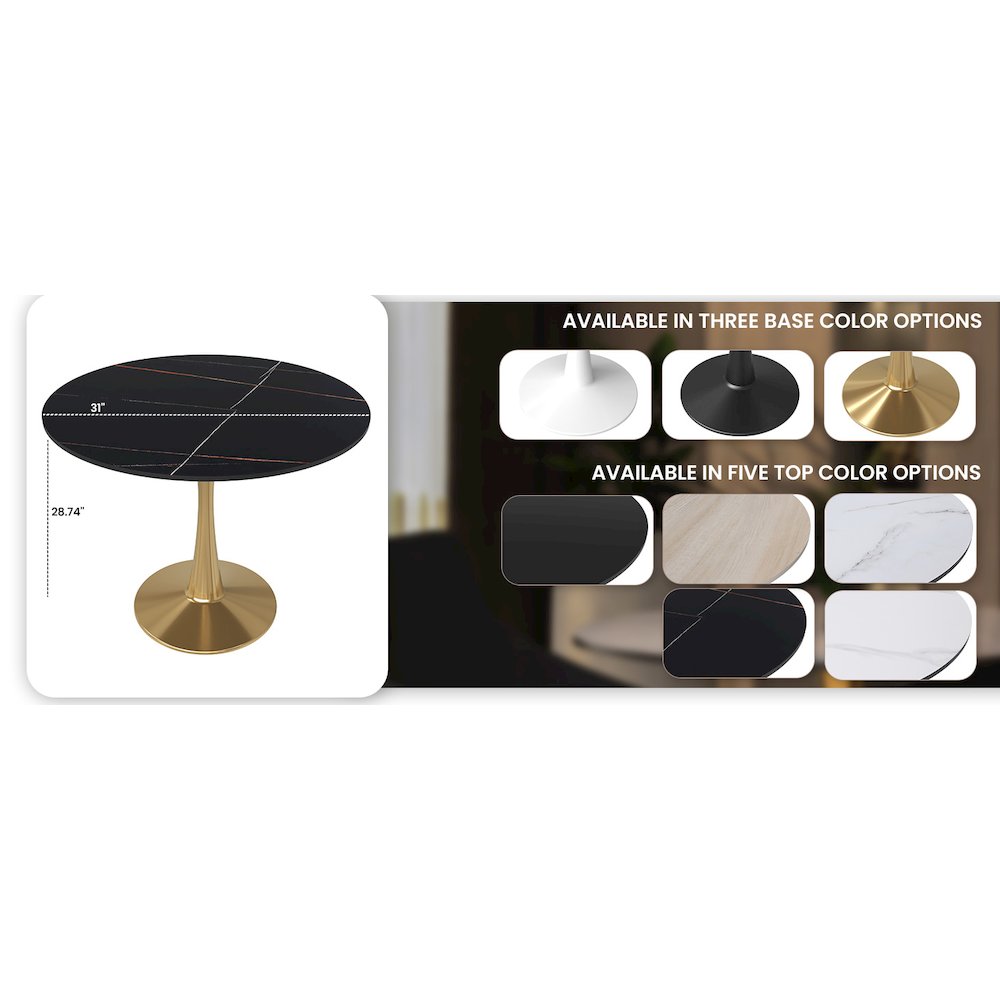 Bristol 31" round dining table Gold base with Black Sintered stone Top