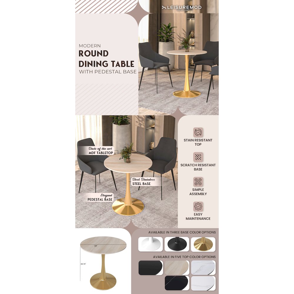 Bristol 24" round dining table Gold base with marbled MDF top