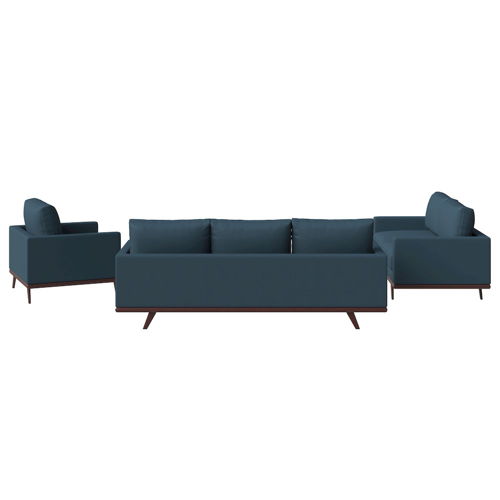 Chester 3-Piece Leather Living Room Sofa Set with Birch Wood Base Navy Blue