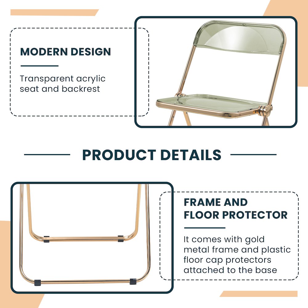 Lawrence Acrylic Folding Chair With Gold Metal Frame, Set of 2